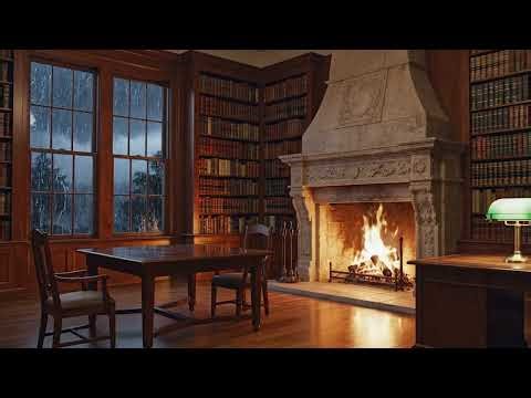📚⛈️ Library Thunderstorm | Fireplace, Rain & Thunder | 12 Hours for Study & Sleep