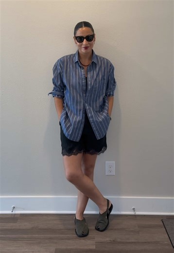 Business on top party on the bottom OOTD: Shirt @Banana Republic, tank @Aritzia, lace shorts @J.Crew, shoes @COS, earrings J.Crew and necklace and ring @Etsy, bag Oregon gift shop. #ootd #personalstyle #style #styleinspo #styletok