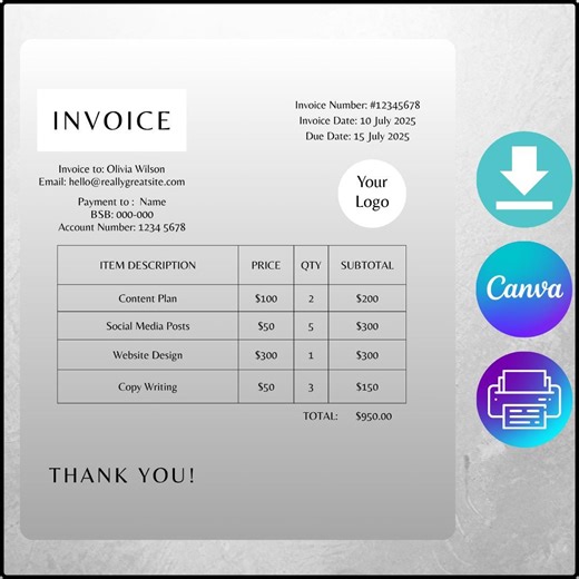 Editable Invoice Template, Small Business Custom Order Form, Printable Invoice for Canva, Modern Business Invoice, Instant Download - Etsy