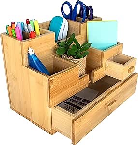 Bamboo Desk Organizer with Drawers - Wooden Desktop Storage - Table Top Organizer for Office Supplies, Make-up Organizer