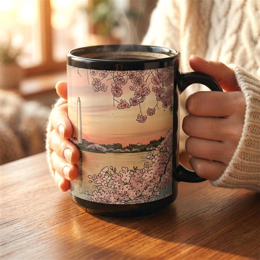 Vintage Springtime in Washington DC Mug | Cherry Blossom Tidal Basin Washington Monument Black Ceramic Coffee Cup - Etsy