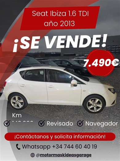 🚗 SEAT Ibiza 1.6 TDI (2014) – ¡Gran oportunidad! ✅ Motor diésel eficiente: solo 140.000 km ✅ Perfecto para ciudad y carretera 🛣️ ✅ Mantenimiento al día y sin golpes 📋 ✅ Consumo bajo: ideal para ahorrar en cada viaje 💰 ✅ Equipamiento destacado: climatizador, Bluetooth, sensores de aparcamiento… 📲 ¡Pide más fotos o una prueba sin compromiso! 📍Disponible en #SeatIbiza #TDI #CochesDeSegundaMano #Oportunidad #DieselEficiente #CocheBarato #CochesMadrid (ajusta la ciudad si es necesario) #KMReale