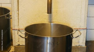 Growing distillery for the production of plum brandy by firing in a gas boiler, alembic pot still during process of distillation flow fresh plum brandy, bottles plum liquor slivovitz traditional czech