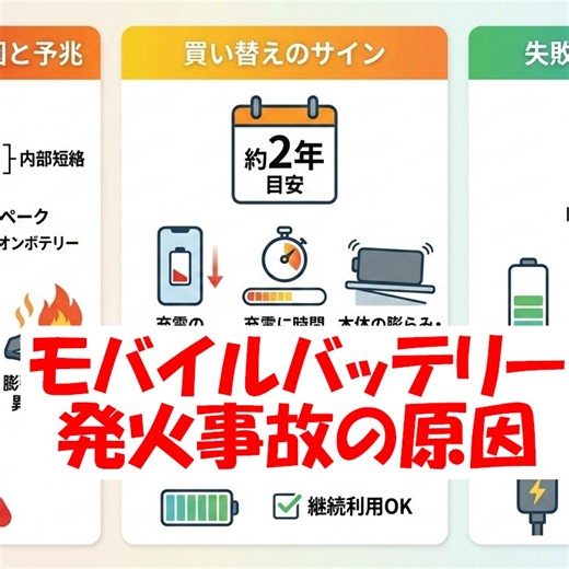 TOMTE PUPPET SHOW on Instagram: "モバイルバッテリー発火事故の原因 モバイルバッテリーが発火する主な原因は、内部にある「リチウムイオン電池」の損傷や劣化にあります。リチウムイオン電池は非常に高いエネルギーを蓄えられる反面、デリケートな性質を持っています。 具体的にどのような理由で事故が起きるのか、いくつかのポイントに分けて解説します。 1. 事故の根本的なメカニズム モバイルバッテリーの内部では、プラス極とマイナス極が「セパレーター」という薄い膜で仕切られています。この膜が何らかの理由で破れ、両極が直接触れてしまうことを内部短絡と言います。 内部短絡、つまりショートが起きると、蓄えられていた電気が一気に流れ、激しい熱が発生します。これが発火や爆発の直接的な引き金となります。 2. 発火を引き起こす「4つの主なトリガー」 1つ目は、落下させる、ズボンの後ろポケットに入れて座る、カバンの中で重い荷物に押しつぶされるなどです。 2つ目は、工場での製造工程で微細な金属粉などが混入し、使用を続けるうちに内部でショートを引き起こすことがあります。 3つ目は、夏場の車