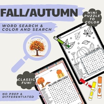 Early Finishers FALL AUTUMN WORD SEARCHES Printable 4th grade to 12th grade