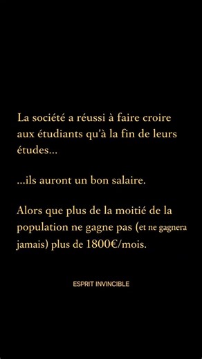 esprit_invincible on Instagram: "On nous a appris une chose très tôt : 👉 Travaille bien à l’école, fais des études, et tout ira bien. Mais la réalité est beaucoup plus brutale. L’école, telle qu’elle fonctionne aujourd’hui, ne prépare pas à la vraie vie. Elle prépare à obéir, à rentrer dans des cases, à échanger son temps contre un salaire plafonné. On y apprend rarement : – comment gérer son argent – comment investir – comment créer de la valeur – comment penser différemment – comment sortir d