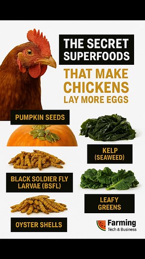 THE SECRET SUPERFOODS THAT MAKE CHICKENS LAY MORE EGGS 🥚🐓 If you want your hens to lay more eggs, it’s not just about giving them feed — it’s about giving them the right kind of nutrition. Just like humans, chickens perform better when their diet is boosted with natural, nutrient‑rich foods. These “superfoods” are safe, organic, and proven to improve egg production, shell strength, and overall bird health. 🌱 TOP SUPERFOODS FOR LAYING HENS 1. Pumpkin Seeds - Packed with protein, healthy fats, 
