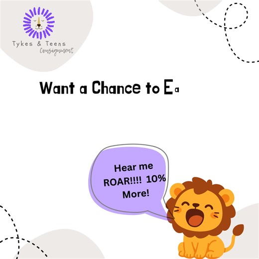 🦁 ROAR to earn more! 🦁 Register to sell at our upcoming consignment sale by Monday, January 31st, and you’ll be entered into a drawing to earn 10% MORE of your total sales! 💰 More roar. More reward. More reason to register early! 👉 Don’t miss out—sign up today at https://tykesandteensconsignment.com/ | Tykes and Teens Consignment of Richmond Kentucky