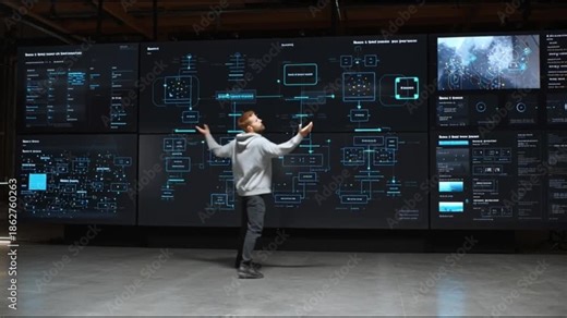 Serverless architecture. Cloud native. Function as a service. Microservices. Modern cloud. Cloud security. A man stands confidently in front of digital screens displaying data.