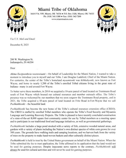Miami Tribe: land will ‘never be used for gaming’