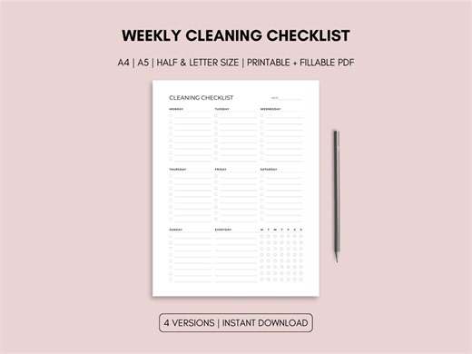 Weekly Cleaning Checklist Printable | Cleaning to Do List Template | A4 A5 Letter Half Size | Fillable PDF - Etsy