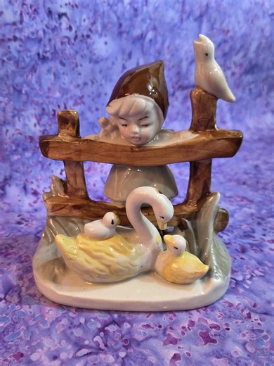 Vintage Farm Girl Looking Over Fence at a Mother Swan and Her Babies - Etsy