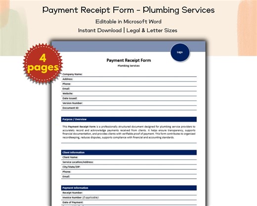Payment Receipt Form Plumbing Services Editable and Printable Template, Plumbing Contractors and Service Companies, Home Service Providers - Etsy
