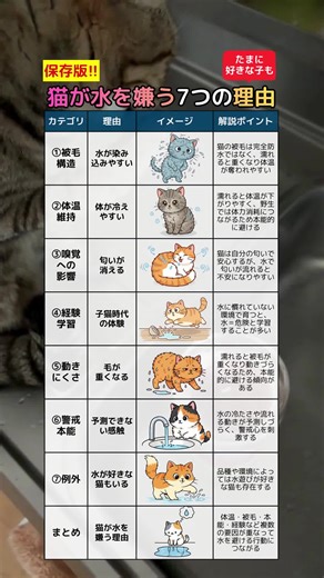 【保存版】猫が水を嫌う7つの理由 たまに好きな子もいます 【カテゴリ】 【理由】 【解説ポイント】 ①被毛構造 水が染み込みやすい 猫の被毛は完全防水ではなく、濡れると重くなり体温が奪われやすい ②体温維持 体が冷えやすい 濡れると体温が下がりやすく、野生では体力消耗につながるため本能的に避ける ③嗅覚への影響 匂いが消える 猫は自分の匂いで安心するが、水で匂いが流れると不安になりやすい ④経験学習 子猫時代の体験 水に慣れていない環境で育つと、水＝危険と学習することが多い ⑤動きにくさ 毛が重くなる 濡れると被毛が重くなり動きづらくなるため、本能的に避ける傾向がある ⑥警戒本能 予測できない感触 水の冷たさや流れる動きが予測しづらく、警戒心を刺激する ⑦例外 水が好きな猫もいる 品種や環境によっては水遊びが好きな猫も存在する まとめ 猫が水を嫌う理由 体温・被毛・本能・経験など複数の要因が重なって水を避ける行動につながる ━━━━━━━━━━━ 📣猫のこともっと知りたい！ 楽しく分かりやすくをモットーに情報発信しています😸 このアカウントをフォローしてスキマ時間を学びの時間にしよ