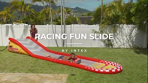 Spend hours playing on the Intex Racing Fun Slide, with a built in sprayer that attaches to the water hose and 2 surf riders with heavy duty handles. The fun is endless! 🌊 | Mr Toys Toyworld