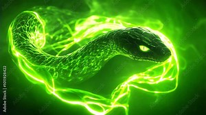 A vibrant green snake moves gracefully, illuminated by a soft glow in a dark setting, creating an enchanting visual experience