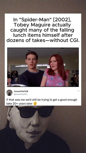 In Spider-Man [2002], Tobey Maguire really caught most of the falling food during this iconic scene!