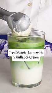 This is an iced matcha latte made even more delicious with vanilla ice cream. I’m using matcha that’s bright green in color, which indicates the quality. The brighter green the matcha, the higher the quality. Sift the matcha to get rid of any clumps. My trick to making matcha is to put a little bit of hot water, like a tablespoon, to create a matcha paste. Once that’s done, add more hot water and whisk, whisk, whisk until it’s frothy. You want to get it to a point where you don’t have any big bu