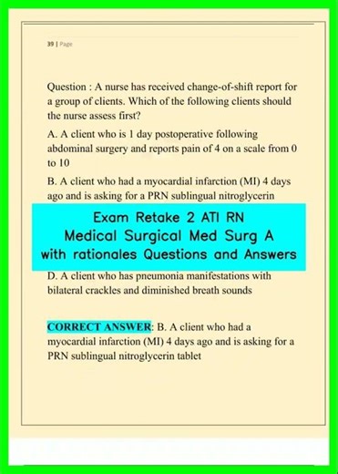 Exam Retake 2 ATI RN Medical Surgical Med Surg A with rationales Questions and Answers video