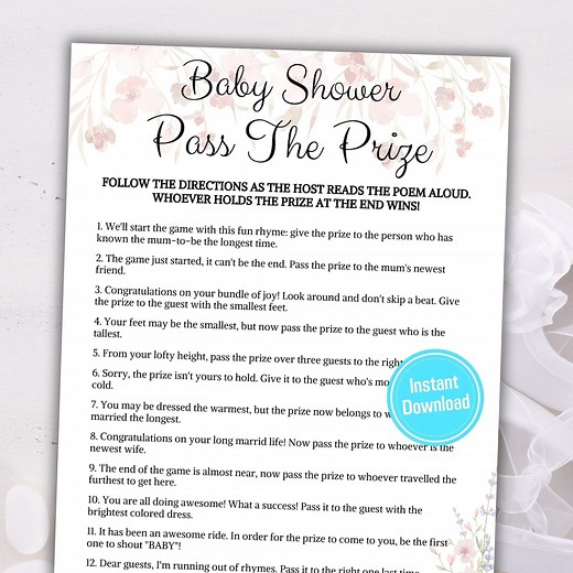 Baby Shower Pass the Prize Rhyme Game | Pass the Gift DIY Printable | Pass the Poem Instant Download Pass the Prize Game | Baby Shower Game - Etsy