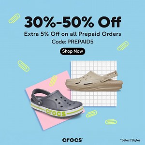 BIG NEWS! Get ready to step into comfort & style with 30%-50% OFF on your favorite Crocs! Plus, use code PREPAID5 for an extra 5% off prepaid orders! Shop now and start saving! | Crocs
