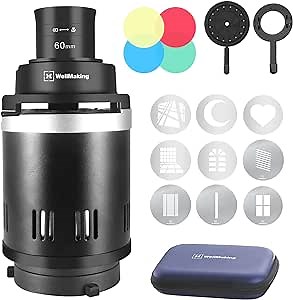 WELLMAKING S-200L Bowens Mount Optical Snoot Conical, with 60mm Lens,GOBO Holder,Aperture Modifier,4Color Filters and 9Gobos for Monolight Photography LED Light and Strobe Light Photographic Equipment