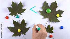 The teacher introduces children to the mathematical symbols, greater-than sign and less-than sign with the aid of magnets and green maple leaves on the whiteboard. Example of an educational game for c Stock Video