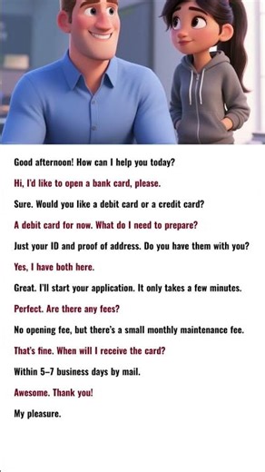 English at the Bank 💳 | Simple Dialogue for Opening a Debit Card #shorts #enlgish #viral #trending