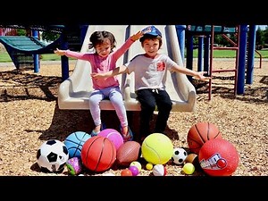 Learn Sport Ball Names at the Park with Colored Balls Down the Slide - Learning Video for Toddlers