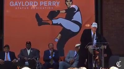 San Francisco Giants Hall of Famer Gaylord Perry finished his speech after his 9-foot bronze statue was unveiled Saturday outside AT&T Park. Then he returned to the microphone and told guests in front of the podium to check what had been taped underneath their seats. The folks were stunned and delighted to discover jars of Vaseline. Read more here: http://bit.ly/2b6FiM0 | SFGATE