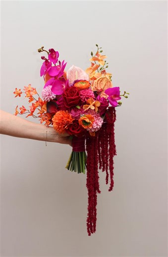 Asymmetrical Bridal Bouquet in Orange, Pink, Red & Magenta With Amaranth for Alternative Wedding - Etsy New Zealand