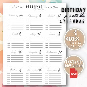 Undated Birthday Calendar Printable | Minimalist Design (PDF Download) - Etsy