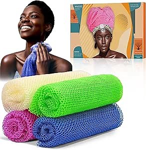4 Pieces African Net Sponge – Effective Deep Cleansing and Exfoliating Mesh for Glowing Skin – Stretchable, Quick-Dry Exfoliating Bath Sponge(Blue, Green, Purple, White)