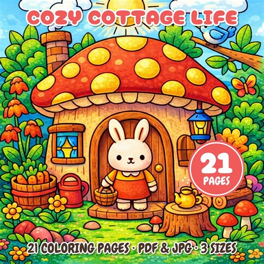 Cottagecore Coloring Book PDF, 24 Bold Easy Pages, Cozy Cottages & Garden Animals - Etsy