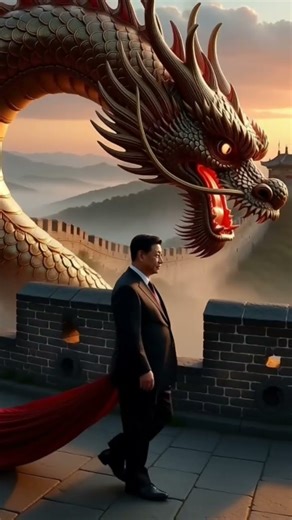 President Xi Jinping walking calmly beside a colossal Chinese dragon, symbolizing wisdom, authority