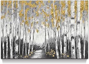 Birch Forest Canvas Wall Art: Large Abstract Tree Painting with Gold Foil Hand Painted Textured Artwork for Bedroom