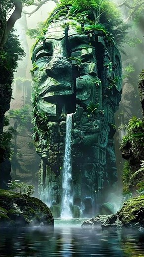 Ancient stone temple face waterfall forest |4k relaxing nature video for meditation and relaxation..