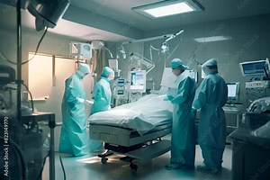 Medical team performing surgery in an operating room with advanced equipment, focused and working