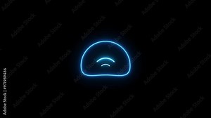 Neon Wireless Internet Connection Icon Animation. Glowing Neon Wi-Fi signal icon, Social Media Network, Router Data Connection Technology on Black Background.