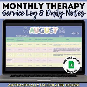 Monthly Therapy Therapist Service Log Daily Note Documentation Google Sheets
