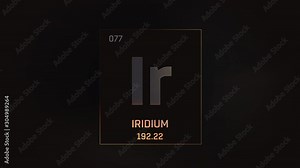 Iridium as Element 77 of the Periodic Table. Seamlessly looping 3D animation on grey illuminated atom design background with orbiting electrons. Design shows name, atomic weight and element number