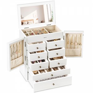 Jewelry Box for Women Wooden Jewelry Boxes 6-Layer Rustic Large Jewelry Organizer Box with Mirror & 8 Drawers White