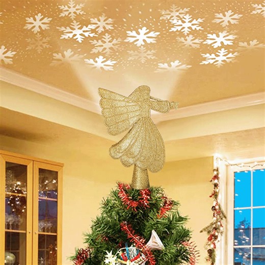 Christmas Tree Topper, Gold Angel Tree Topper Lighted with 3D Rotating Snowflake Projector, Glittering Lighted Xmas Tree Topper for Christmas Holiday Decorations Gift
