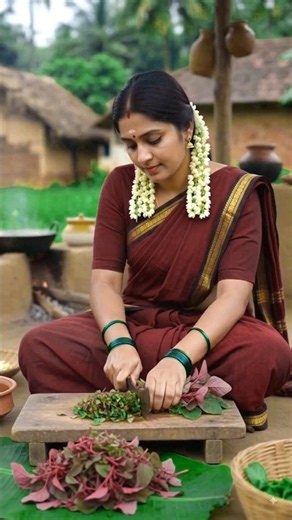 Village Woman Harvests Red Amaranth & Cooks Traditional Village Meal | #shorts
