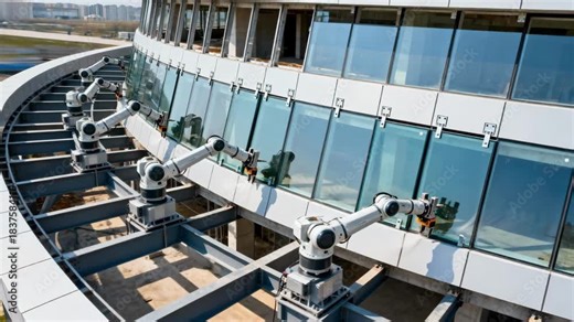 Wide view of multiple robotic units synchronizing to install glass façades on a modern building demonstrating coordinated automation.