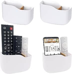 Wall Mount Remote Control Holder 4 Pack Adhesive Media Player Controller Holder White Universal TV Remote Organizer Caddy Box Tray Hollow Bottom Easy Phone Charging Home Office Desk Nightstand