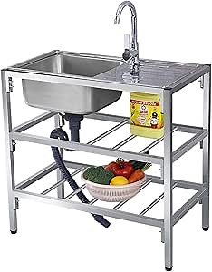 Utility Sinks Free Standing Stainless Steel Outdoor Laundry Tub, Single Bowl Washing Hand Basin Station Sink, with Storage Shelves for Garage, Restaurant, Kitchen, Bar, Garage, Backyard Handwashing (