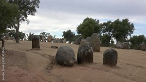 Almendres Cromlech megalithic complex at Evora district. Guadalupe, Evora, Alentejo, Portugal.