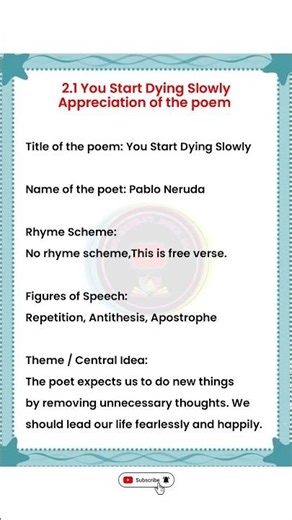 2.1 You Start Dying Slowly | Appreciation of the poem | English class 10th appreciation | 10th class