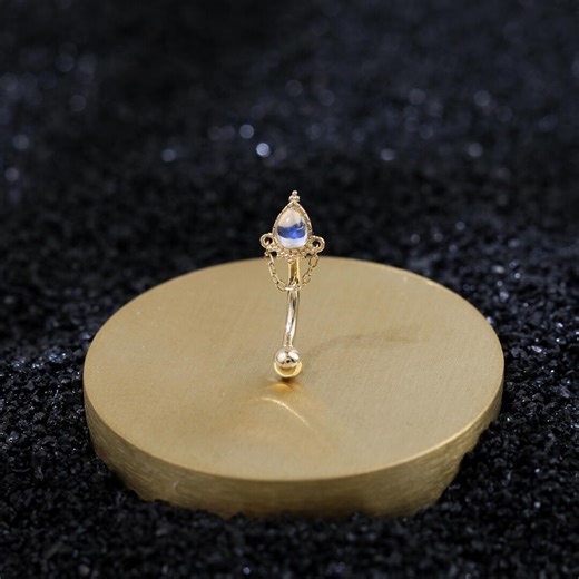14K Solid Gold Moonstone Teardrop Rook Earring Gemstone Dangle Chain Eyebrow Ring Internal Threaded Piercing Curved Barbell Belly Ring 16G - Etsy